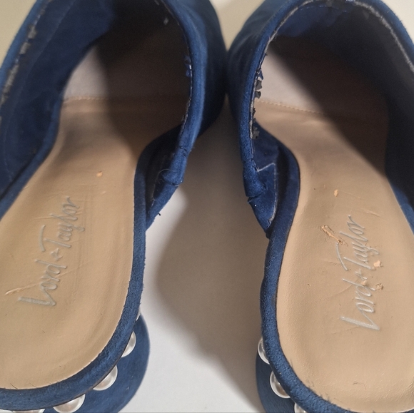 Lord & Taylor Pearl Trim Round Block Heal Nave Blue Suede Mules Size 9 - Picture 5 of 12